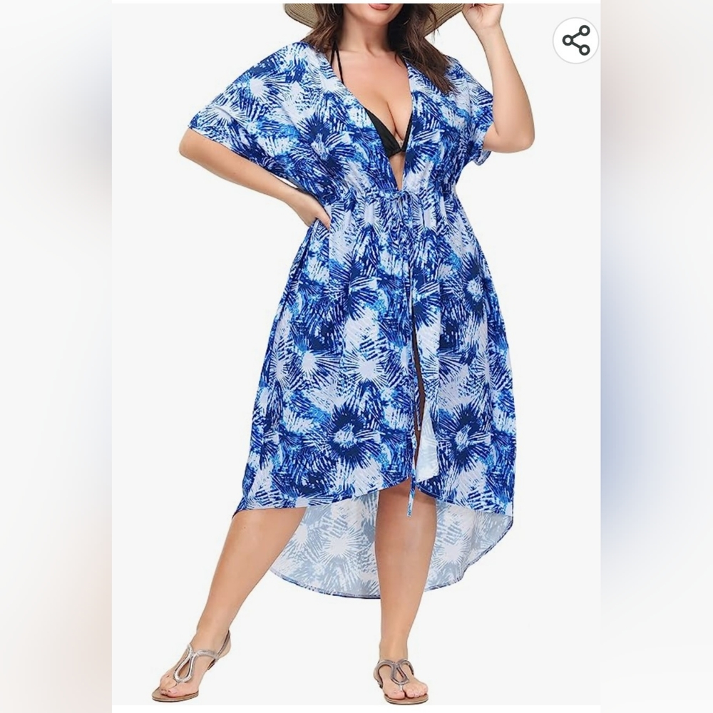 NEW NWT Hanna Nikole Woman Plus Beach Coverup Open Tie Navy Kimono Sz 22